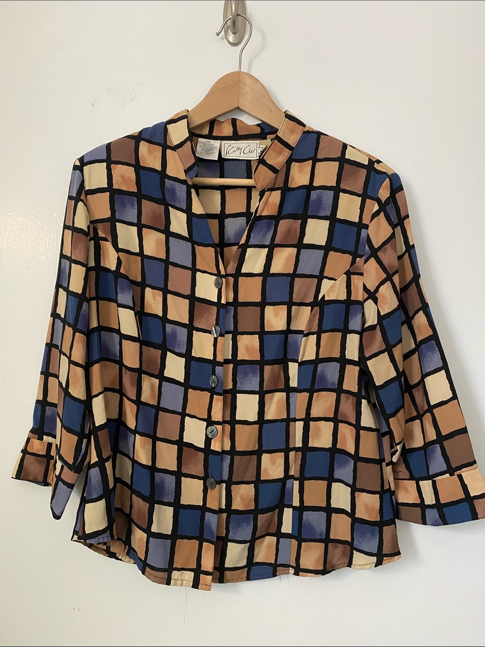 Vintage Geometric Blue Brown Cream Print Button-Front Women's Shirt